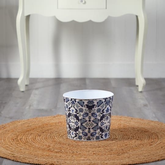12" Oriental Blue and White Classic Round Metal Planter
